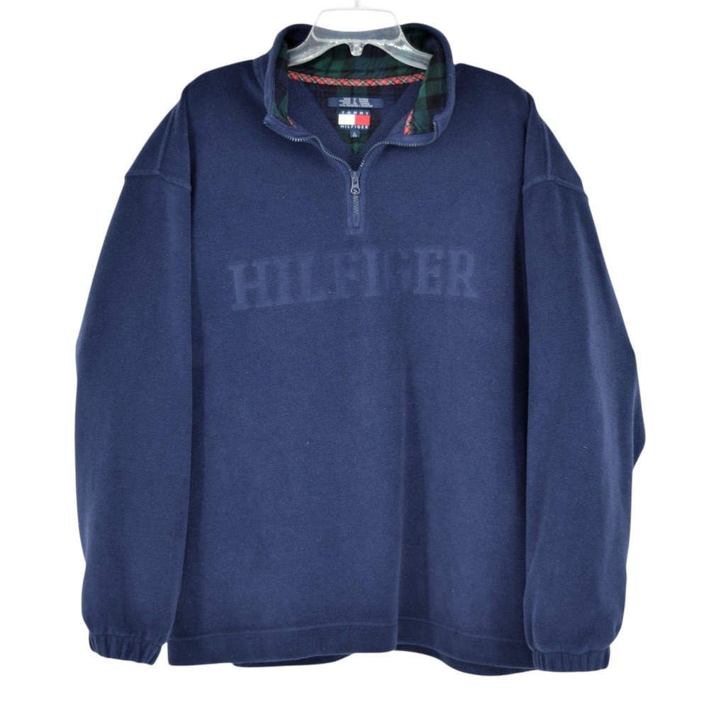 Vintage Tommy Hilfiger Blue Fleece 1/4 Zip Pullover Sweater Spellout Logo Men L
